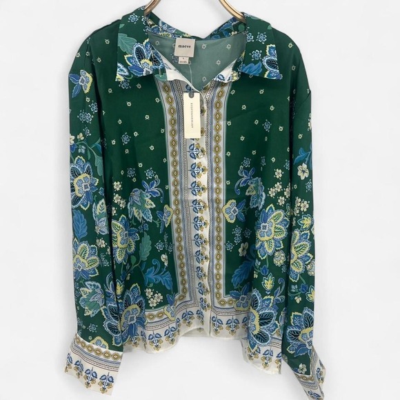 Maeve Anthropologie Boho Long Sleeved Scarf Blouse in a Green Pattern NWT - Picture 2 of 7